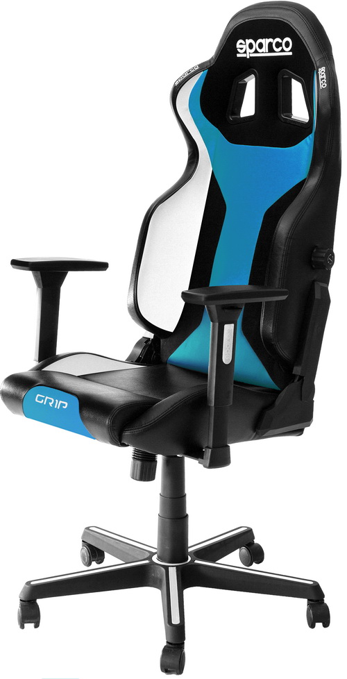 SPARCO Кресло игровое GRIP SKY, компьютерное, искусственная кожа, черное c голубым.