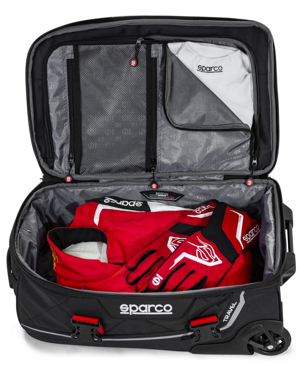 SPARCO TRAVEL Сумка с выдвижной ручкой на колёсах, черная с красным.