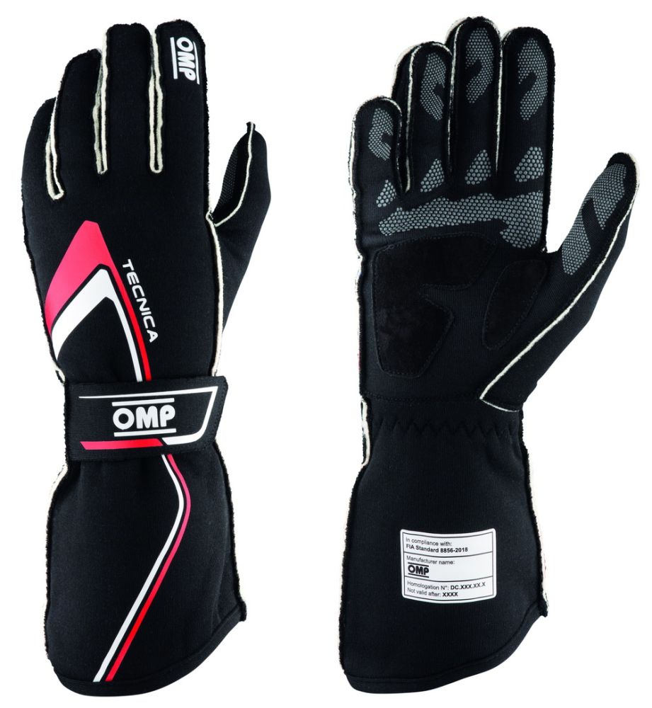 OMP TECNICA Перчатки для автоспорта, FIA 8856-2018, черные с красным, р-р XS