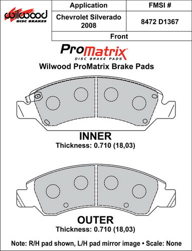 WILWOOD Тормозные колодки передние #D1367 Tahoe/GMC Truck/Yukon/Escalade, состав ProMatrix