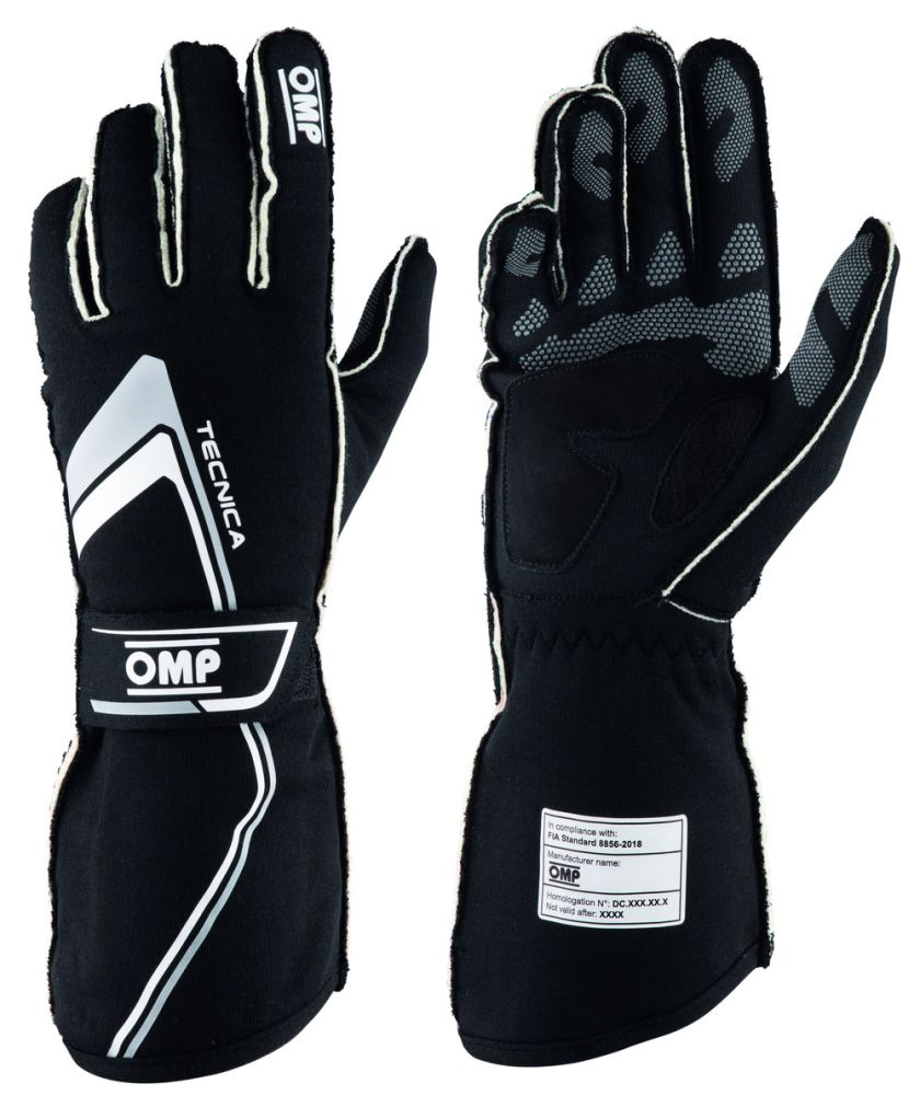 OMP TECNICA Перчатки для автоспорта, FIA 8856-2018, черные с белым, р-р XS