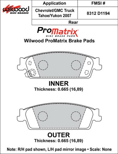 WILWOOD Тормозные колодки задние #D1194 Tahoe/GMC Truck/Yukon/Escalade, состав ProMatrix