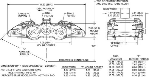 WILWOOD Суппорт тормозной Aero6 R, 6 поршней, диск 1,25, поршень 1,75/1,38/1,38, черный, левый