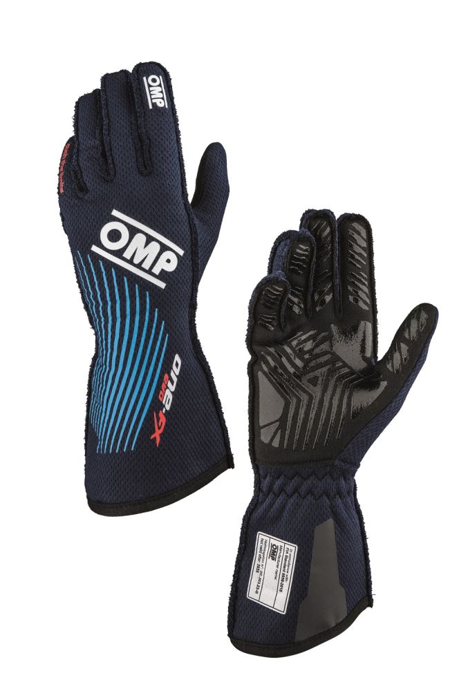 OMP ONE EVO FX  Перчатки для автоспорта, FIA 8856-2018, тёмно-синие с голубым, размер S
