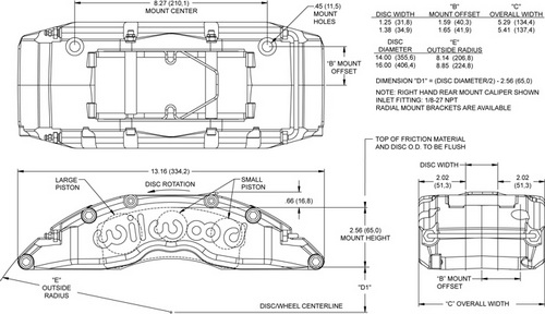 WILWOOD Суппорт тормозной TC6 Radial, 6 поршней, диск 1,38, поршни 1,75/1,38/1,38, задний, правый
