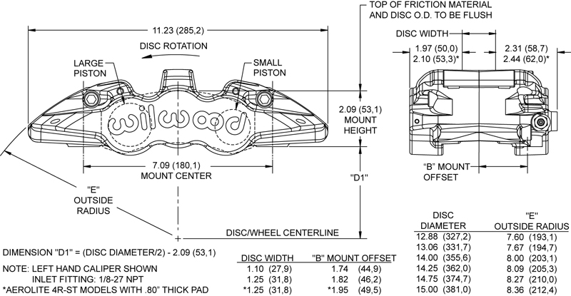 WILWOOD Суппорт тормозной Aerolite Aero4 R, 4 поршня, диск 1,25, поршень 1,88/1,62, черный, левый